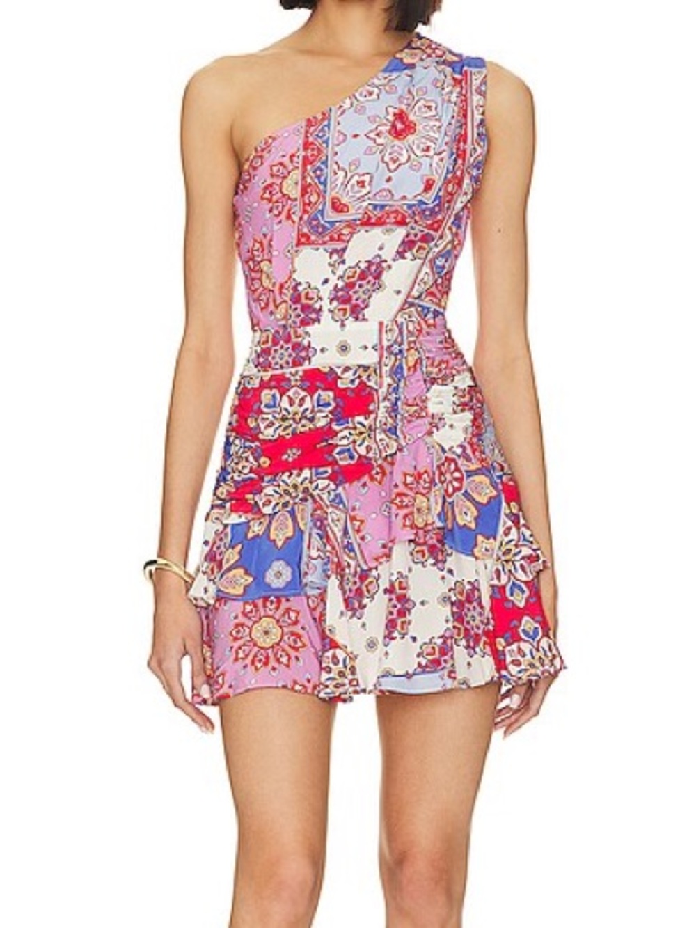Yumi Kim Clara One Shoulder Mini Dress in Crimson Paisley